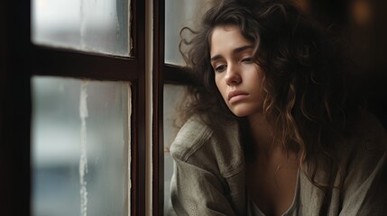 Depressed young woman with life after big loss, breakup or divorce. Mental issues with depression, PMS and sad emotions or feelings. Postpartum condition or thoughts about suicide. - obrazy, fototapety, plakaty