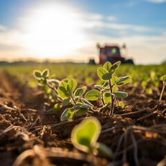 newly germinated soybeans, with water stress due to the strong sun with a tractor in the background to impact the rural producer - obrazy, fototapety, plakaty