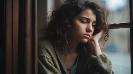 Depressed young woman with life after big loss, breakup or divorce. Mental issues with depression, PMS and sad emotions or feelings. Postpartum condition or thoughts about suicide.