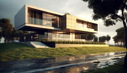 Fototapeta premium Modern luxury apartment building with glass facade and rooftop pool generated by AI