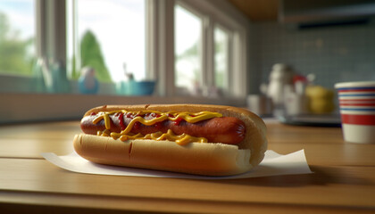 Grilled hot dog on a bun, with fries and ketchup generated by AI