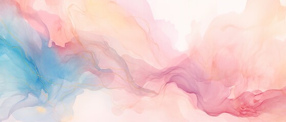 Abstract watercolor paint background illustration - Pink blue color and golden lines, with liquid fluid marbled swirl waves texture banner texture - obrazy, fototapety, plakaty