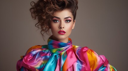 fashion model 80s, colorful silk blouse and bold makeup, good old day, 1980's, copy space, 16:9