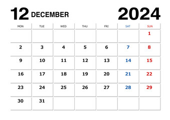 2024年12月のメモが書けるカレンダー月曜始まり