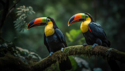 A vibrant toucan perches on a branch in the rainforest generated by AI