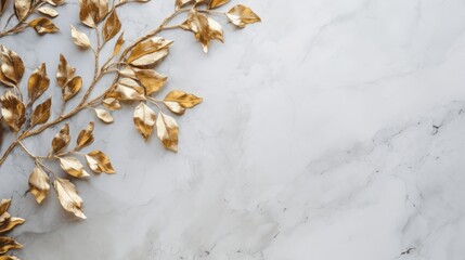 marble background with gold leaves with space for text.
