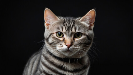 American Shorthair cat isolated on a black background. Backdrop with copy space