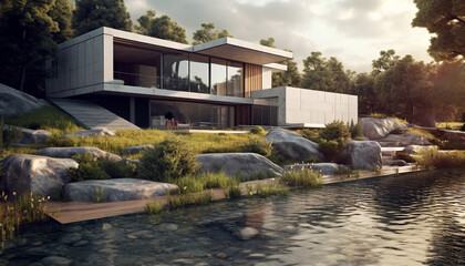 Fototapeta na wymiar Modern residential building with swimming pool, surrounded by nature and luxury generated by AI