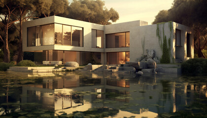 Modern architecture reflects in the night pool, built with elegance generated by AI