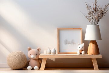 Furniture for a children's room made from natural materials. Wooden shelf with toys for a child.