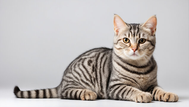 American Shorthair cat isolated on a white background. Backdrop with copy space