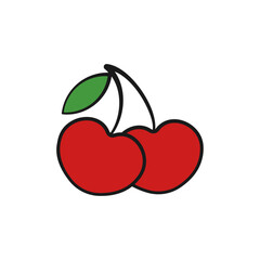 Cherry vector flat illustration. Stylized red berries with green leaf on white background.
