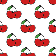 Cherry vector seamless pattern. Red berries with green leaves on white background.