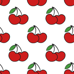 Cherry vector seamless pattern. Red berries with green leaves on white background.