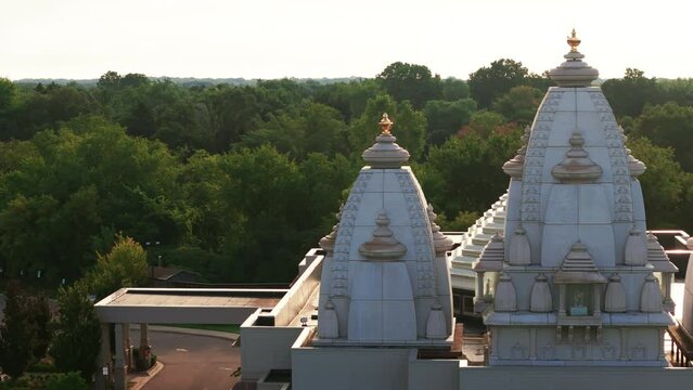 Drone zoom shot of a Indian Hindu temple. Temple drone aerial footage.