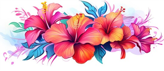 A collection of vibrant tropical hibiscus flowers and lush leaves depicted in a vivid watercolor painting elegantly presented in a separate illustration glowing with neon hues against a whi