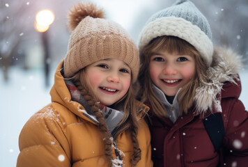 Dos Niñas Divirtiéndose al Aire Libre en Invierno: Infancia Feliz en la Nieve