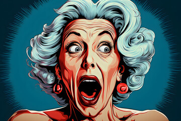 Shocked older woman with grey hair in cartoon style