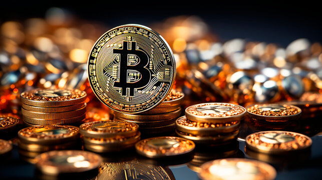 Bitcoin Crypto currency Gold Bitcoin BTC close up. Bitcoin coins on black background. Blockchain technology, bitcoin mining concept.