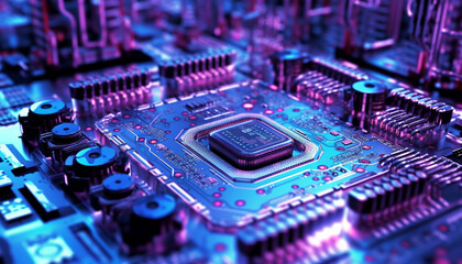 Futuristic computer equipment with complex circuit board and semiconductor technology generated by AI