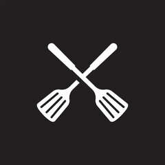 White crossed spatulas icon. BBQ and grill tools. Barbeque cutlery. Kitchen utensil. Party, cuisine, cookery sign. Vector illustration isolated on white. black background