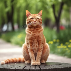 A ginger cat sits outside in a park and basks in the sun.