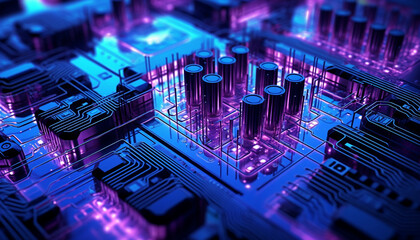 Complex computer circuit board with glowing electrical components and semiconductors generated by AI