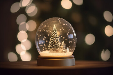 Fototapeta na wymiar Christmas glass ball, with a Christmas tree inside and Christmas decorations. Gift or souvenir for the holiday