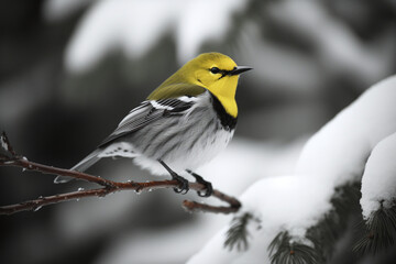 bird with a yellow belly sits on a tree branch in winter, in the forest. Close-up