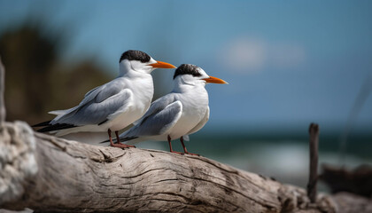 Naklejka premium The seagull beak focuses on the water, a tranquil scene generated by AI