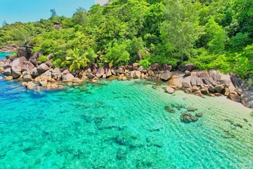 Fototapeten Drone shot of Anse Major beach, transparent sea, lush forest and granite stones, Mahe, Seychelles 2 © Nils