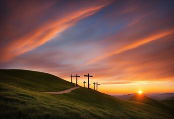 hiking path with crosses and a beautiful sky