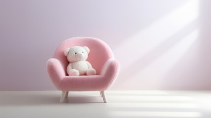 white teddy bear on a pink chair.