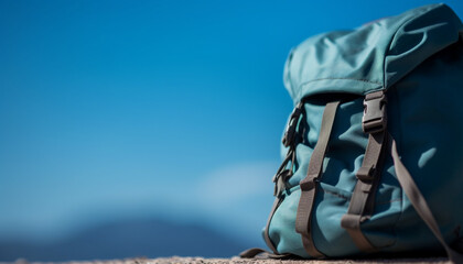 Hiking backpack on mountain peak, a perfect adventure for exploration generated by AI