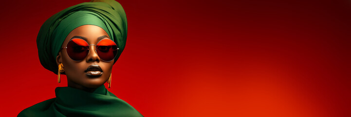 portrait of a black woman with green turban and sunglasses in front of a red background with copy space - obrazy, fototapety, plakaty