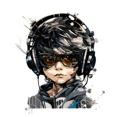 Futuristic Cute Tiny boy with Flat 2D Illustration in the Style of Deconstructive Imagery Featuring futuristic technology Isolated on a Transparent Background, Illustration and Clip Art for T-shirt