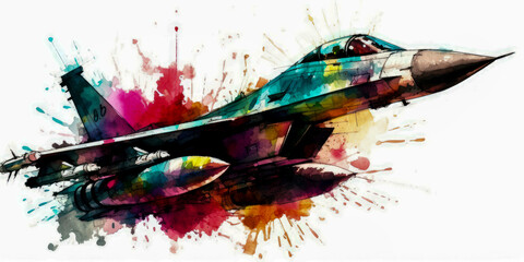 Watercolor drawing of a modern fighter-bomber aircraft. Generative AI. - obrazy, fototapety, plakaty