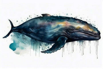 Watercolor drawing of a large whale. Generative AI.