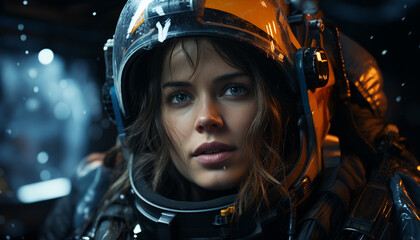 Young women driving motorcycle, wearing sports helmet, looking at camera generated by AI