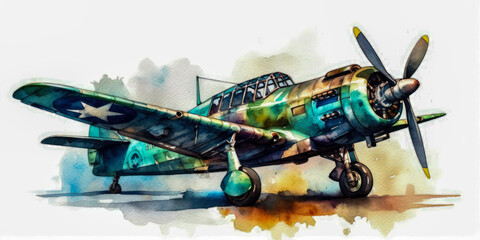 Watercolor drawing of a fighter plane from World War II. Generative AI. - obrazy, fototapety, plakaty