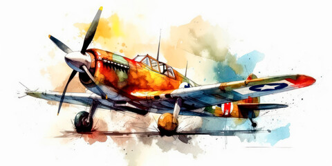 Watercolor drawing of a fighter plane from World War II. Generative AI.