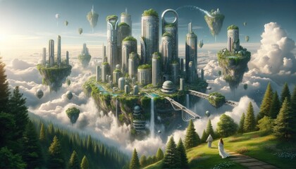 Amidst the clouds, an island city floats, its skyline a mix of modern towers and lush green expanses. As I navigate its streets.