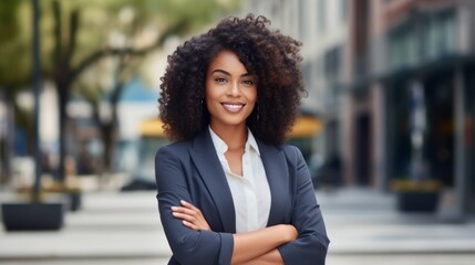 Young happy pretty smiling professional business black woman, happy confident positive female entrepreneur standing outdoor on street arms crossed, looking at camera generative ai - obrazy, fototapety, plakaty