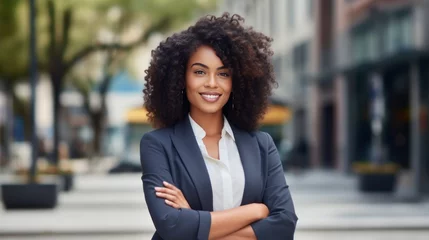 Fotobehang Young happy pretty smiling professional business black woman, happy confident positive female entrepreneur standing outdoor on street arms crossed, looking at camera generative ai © Hixel