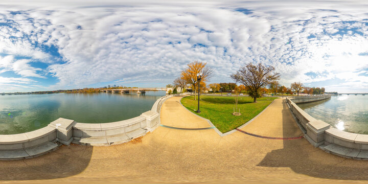View of the Potomac River from Rock Circle Trail Washington DC. 360 panorama VR equirectangular photo