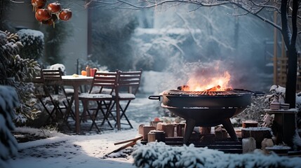 A cozy winter BBQ in a home garden. Christmas season food preparation outdoors amidst the chilly weather. The snowcovered surroundings add a festive touch to the grilling experience.