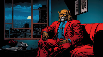 Fototapeta premium a lion in a suit sitting on a couch, comic style