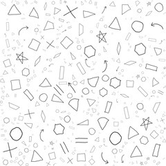 hand drawn doodles by children containing triangles, squares, rectangles, trapezoids, rhombuses, circles, arrows, equal signs, stars, hexagons, lines