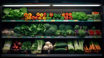 Healthy diet food in a grocery store. Variety of colorful vegetables, leafy greens, and legumes, all essential for a balanced and nutrient rich diet. Healthy and fresh eating habits. - obrazy, fototapety, plakaty