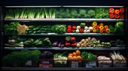 Healthy diet food in a grocery store. Variety of colorful vegetables, leafy greens, and legumes, all essential for a balanced and nutrient rich diet. Healthy and fresh eating habits.